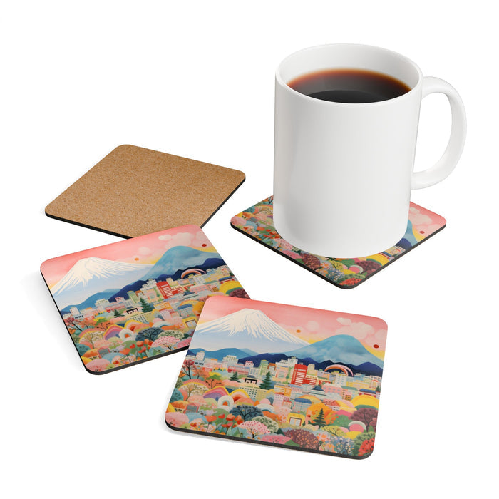 Mount Fuji Skyline Set of Four Coasters: pink, blue stylized mountain and city landscape, colorful cartoon folk-art illustrat
