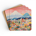 Mount Fuji Skyline Set of Four Coasters: pink, blue stylized mountain and city landscape, colorful cartoon folk-art illustrat
