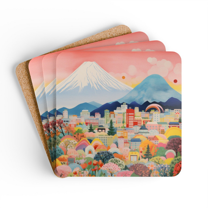 Mount Fuji Skyline Set of Four Coasters: pink, blue stylized mountain and city landscape, colorful cartoon folk-art illustrat