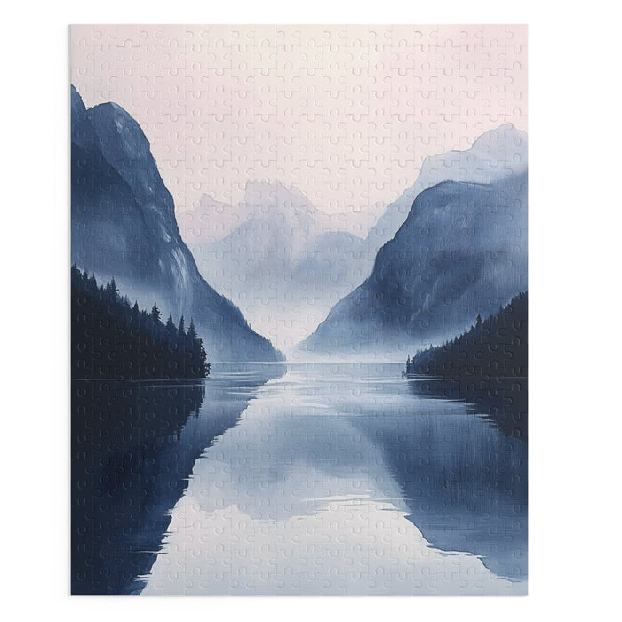 Mountain Landscape Puzzle with 500 Pieces: blue, navy misty mountain lake landscape, realistic landscape style