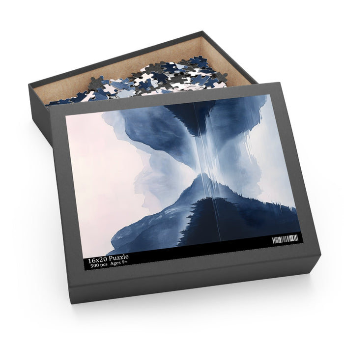 Mountain Landscape Puzzle with 500 Pieces: blue, navy misty mountain lake landscape, realistic landscape style