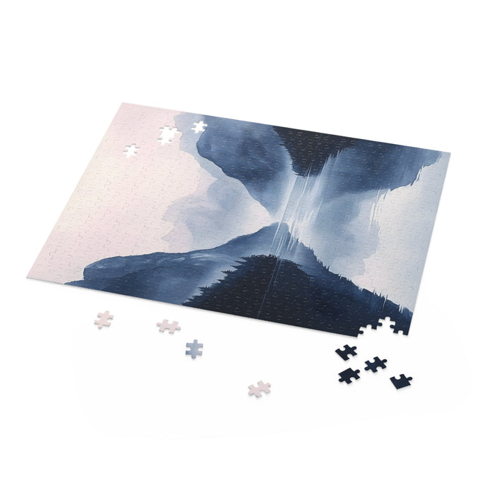 Mountain Landscape Puzzle with 500 Pieces: blue, navy misty mountain lake landscape, realistic landscape style