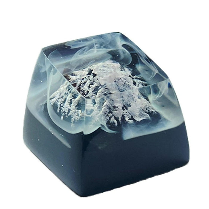 Mountain Themed Keycap: dark navy blue, clear mountain landscape, minimal abstract style