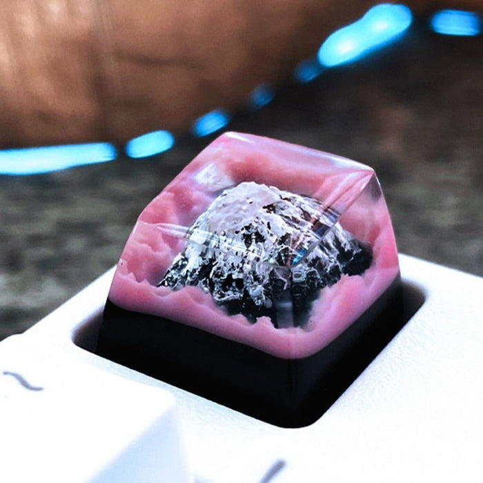 Mountain Themed Keycap: dark navy blue, clear mountain landscape, minimal abstract style