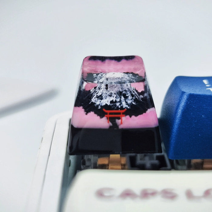 Mountain Themed Keycap: dark navy blue, clear mountain landscape, minimal abstract style