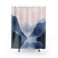 Mountainscape Shower Curtain: pale pink, dark blue mountain lake landscape, minimal watercolor landscape style