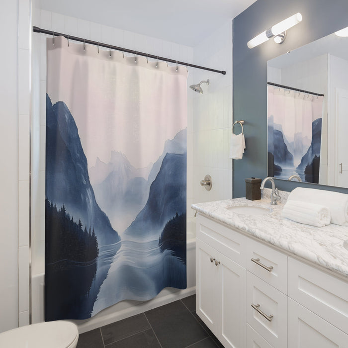 Mountainscape Shower Curtain: pale pink, dark blue mountain lake landscape, minimal watercolor landscape style