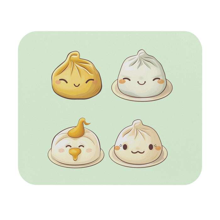 Mouse Pad Set for Dumplings: pale green, cream four cartoon dumplings, kawaii cartoon style