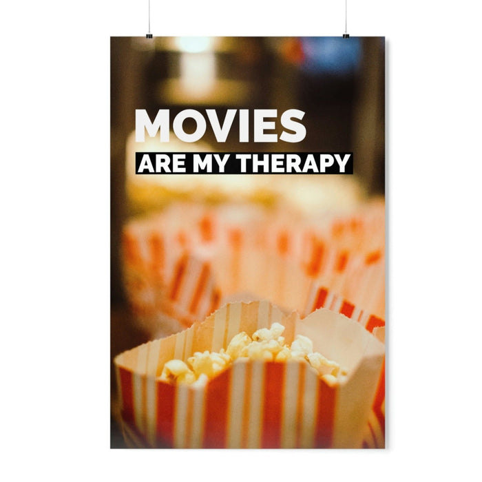 Movie Therapy Poster: A Cure for Your Cinema Addiction: white, black movie theater popcorn theme, cinematic photographic typo