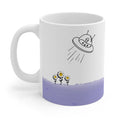 Mug Featuring Sunflowers Being Abducted by a UFO: white, black cartoon alien in a UFO, cartoon minimalist style