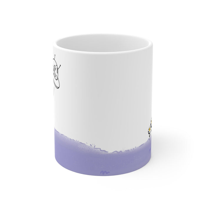 Mug Featuring Sunflowers Being Abducted by a UFO: white, black cartoon alien in a UFO, cartoon minimalist style