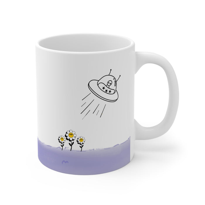 Mug Featuring Sunflowers Being Abducted by a UFO: white, black cartoon alien in a UFO, cartoon minimalist style