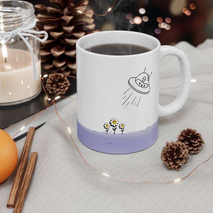 Mug Featuring Sunflowers Being Abducted by a UFO: white, black cartoon alien in a UFO, cartoon minimalist style