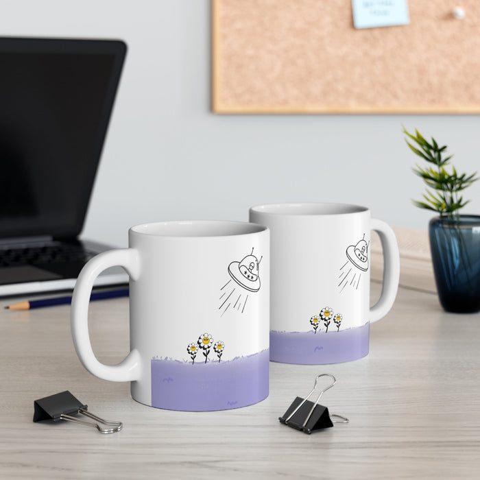 Mug Featuring Sunflowers Being Abducted by a UFO: white, black cartoon alien in a UFO, cartoon minimalist style