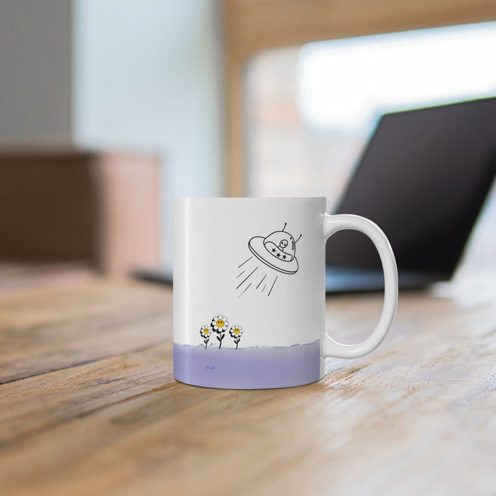 Mug Featuring Sunflowers Being Abducted by a UFO: white, black cartoon alien in a UFO, cartoon minimalist style