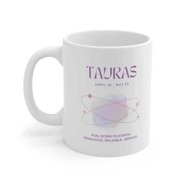 Mug featuring Traits of Taurus in Astrology: white, purple Taurus zodiac sign, minimal pastel zodiac graphic style