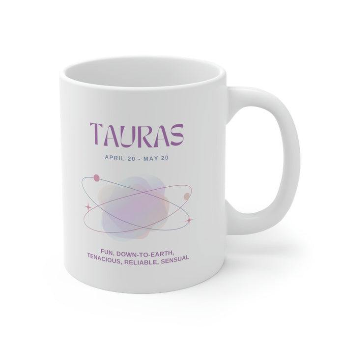 Mug featuring Traits of Taurus in Astrology: white, purple Taurus zodiac sign, minimal pastel zodiac graphic style