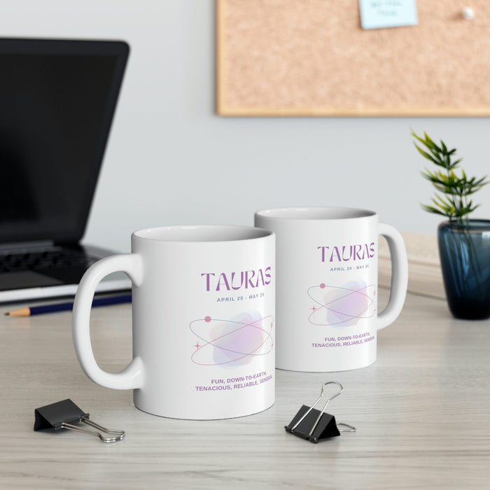 Mug featuring Traits of Taurus in Astrology: white, purple Taurus zodiac sign, minimal pastel zodiac graphic style