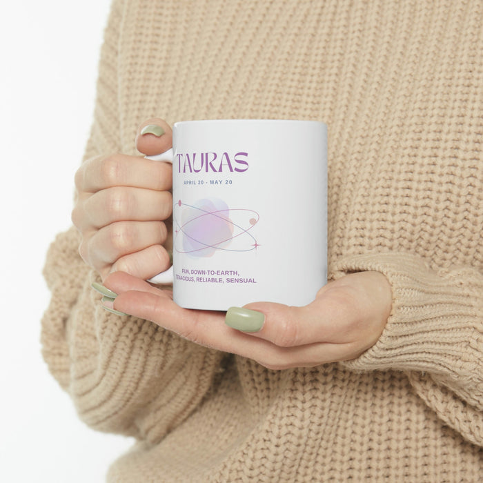 Mug featuring Traits of Taurus in Astrology: white, purple Taurus zodiac sign, minimal pastel zodiac graphic style