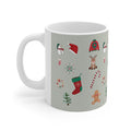Mug for Festive Ornaments: white, light gray-green Christmas holiday theme, cartoon festive style