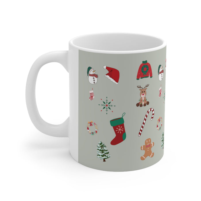 Mug for Festive Ornaments: white, light gray-green Christmas holiday theme, cartoon festive style