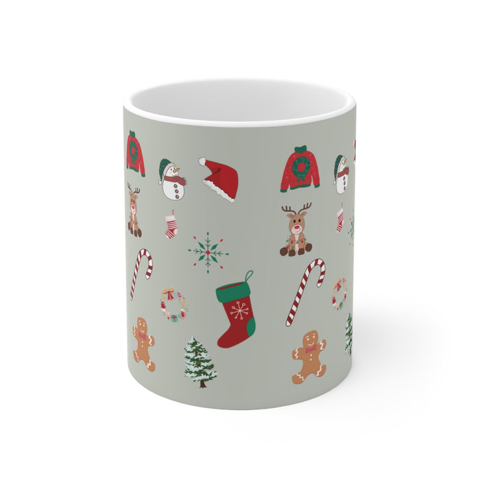 Mug for Festive Ornaments: white, light gray-green Christmas holiday theme, cartoon festive style