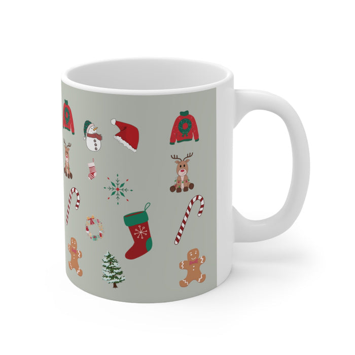 Mug for Festive Ornaments: white, light gray-green Christmas holiday theme, cartoon festive style