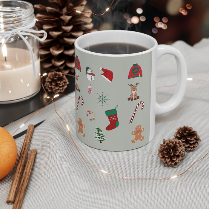 Mug for Festive Ornaments: white, light gray-green Christmas holiday theme, cartoon festive style