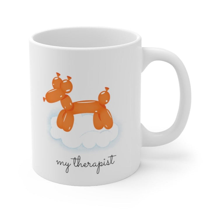 Mug with a Theme of an Orange Balloon Canine: white, orange orange balloon dog, cartoon, minimalist style
