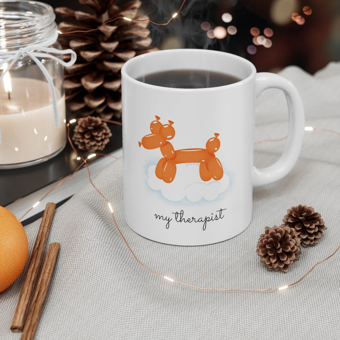 Mug with a Theme of an Orange Balloon Canine: white, orange orange balloon dog, cartoon, minimalist style