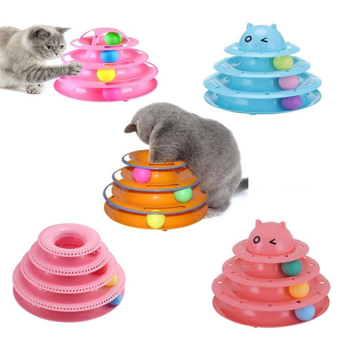 Multi-layer Foldable Interactive Cat Toy with Turntable Design: pink, blue cat-themed variant visible, cartoon style