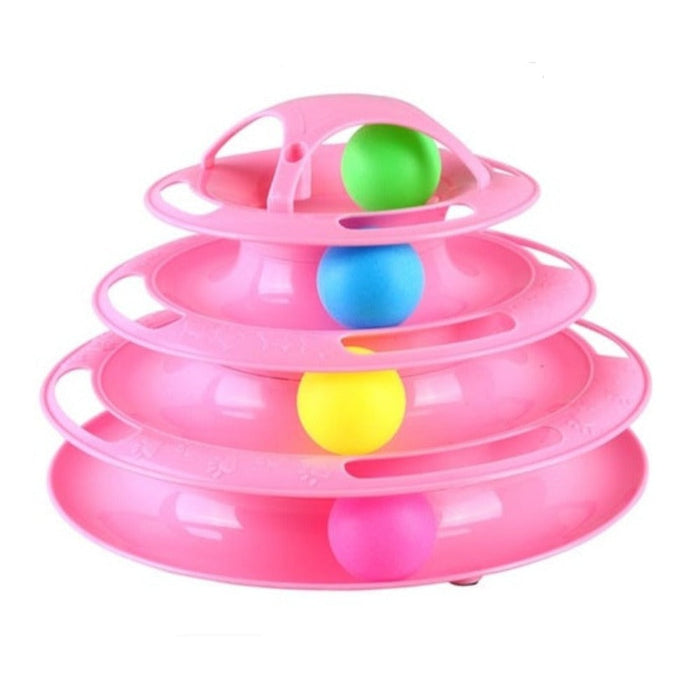 Multi-layer Foldable Interactive Cat Toy with Turntable Design: pink, blue cat-themed variant visible, cartoon style