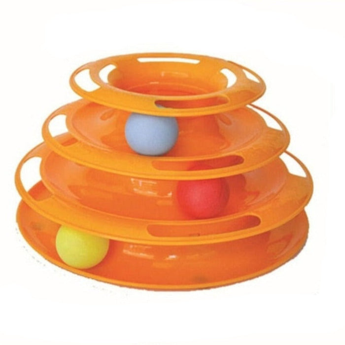 Multi-layer Foldable Interactive Cat Toy with Turntable Design: pink, blue cat-themed variant visible, cartoon style