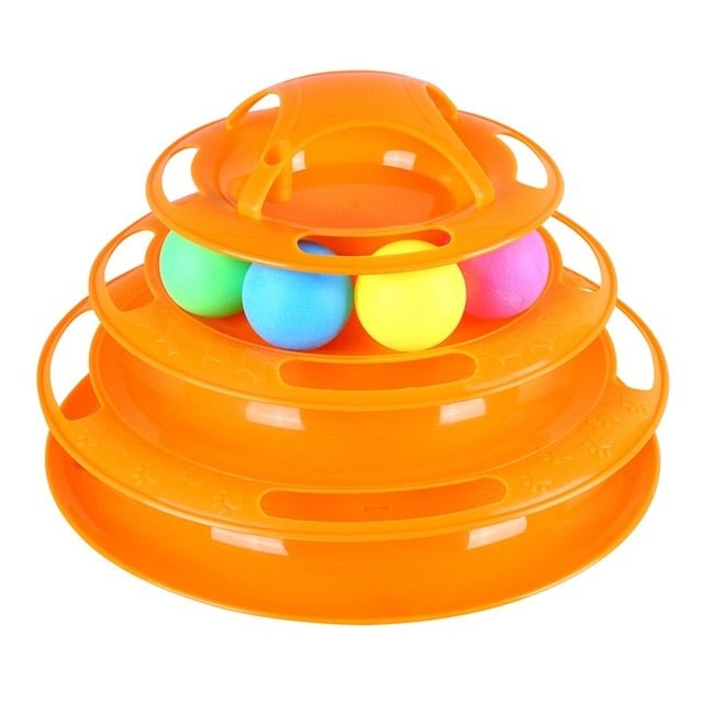 Multi-layer Foldable Interactive Cat Toy with Turntable Design: pink, blue cat-themed variant visible, cartoon style