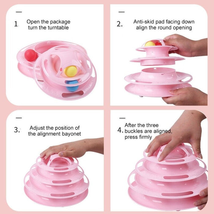 Multi-layer Foldable Interactive Cat Toy with Turntable Design: pink, blue cat-themed variant visible, cartoon style