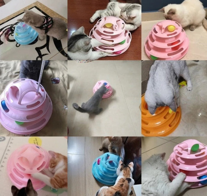 Multi-layer Foldable Interactive Cat Toy with Turntable Design: pink, blue cat-themed variant visible, cartoon style