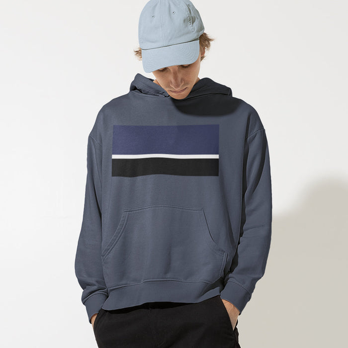 Multi-Stripe Hooded Sweater for Men: dark slate blue, navy blue hooded sweatshirt, minimal color-block style