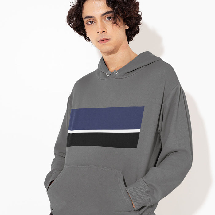 Multi-Stripe Hooded Sweater for Men: dark slate blue, navy blue hooded sweatshirt, minimal color-block style