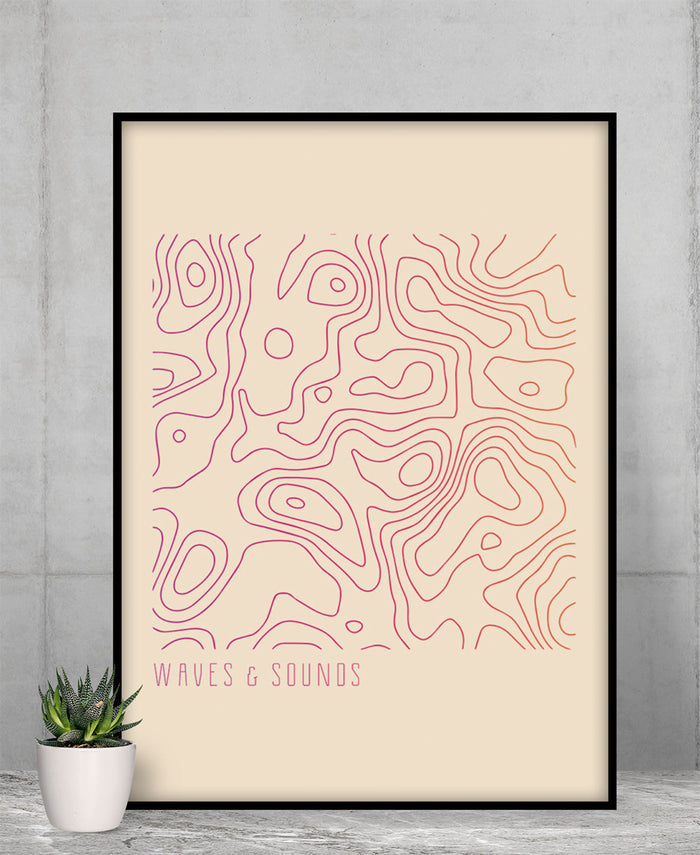 Music Waves and Sounds Poster: cream, red framed wall art poster, minimal abstract style