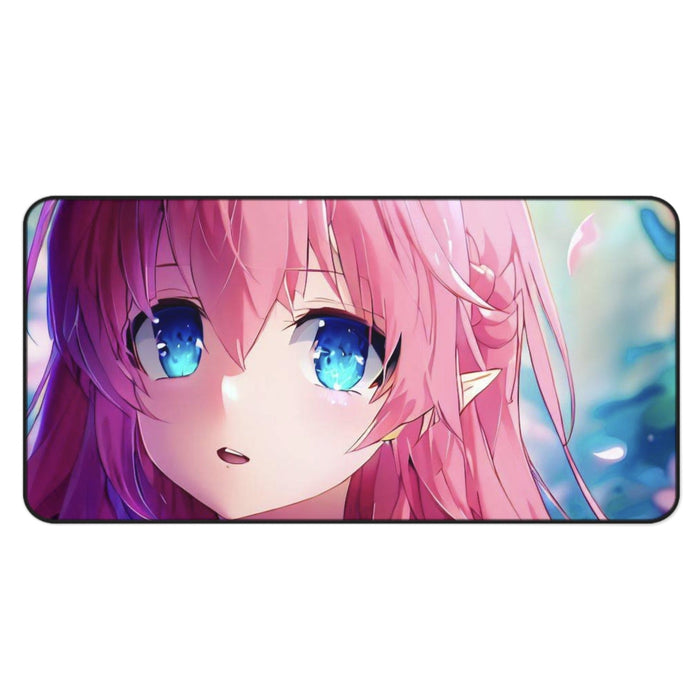 Mystical Anime Girl Large Mouse Pad for Computers: pink, blue anime-style pink-haired girl with pointed elf-like ear, anime