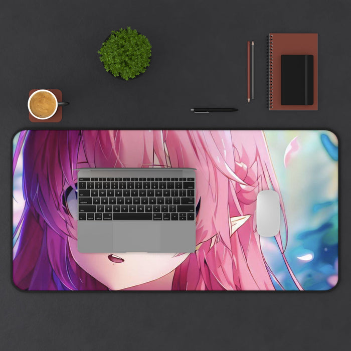 Mystical Anime Girl Large Mouse Pad for Computers: pink, blue anime-style pink-haired girl with pointed elf-like ear, anime
