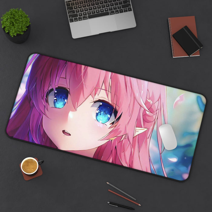 Mystical Anime Girl Large Mouse Pad for Computers: pink, blue anime-style pink-haired girl with pointed elf-like ear, anime