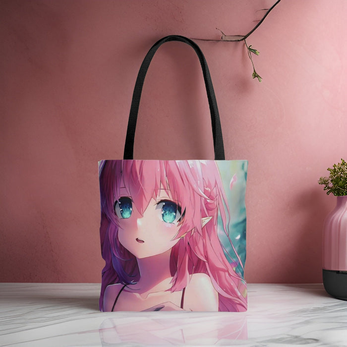 Mystical Medium Anime Girl Bag: pink, black anime-style pink-haired girl character, anime cartoon style