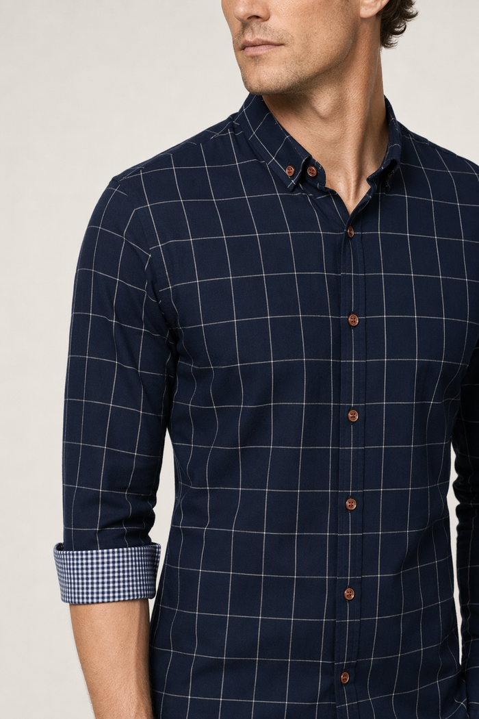 Navy Blue Checkered Button-Up Men's Shirt Default