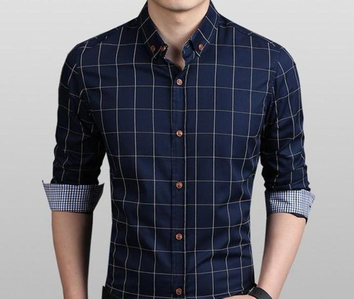 Navy Blue Checkered Button-Up Men's Shirt: navy blue, white men's button-up shirts, smart casual style