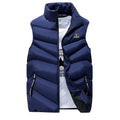 Navy Blue Men's Padded Vest with Tall Neckline: navy blue, black sleeveless puffer vest, casual sporty style