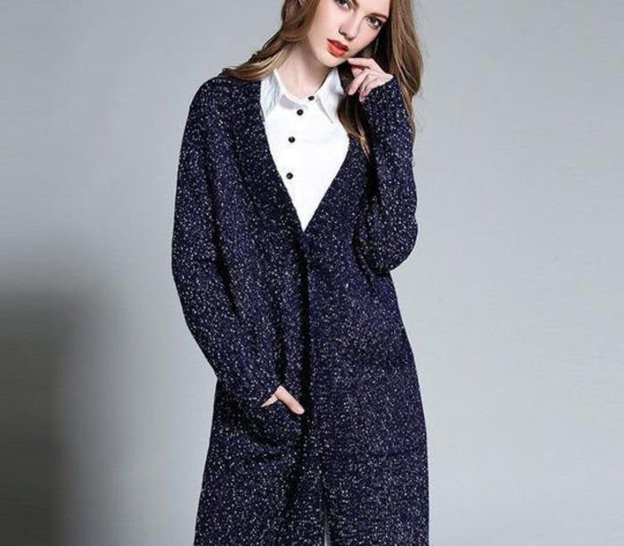 Navy Cardigan for Women, Mid-Length Stylish Outerwear: dark navy blue, white long cardigan, minimal style
