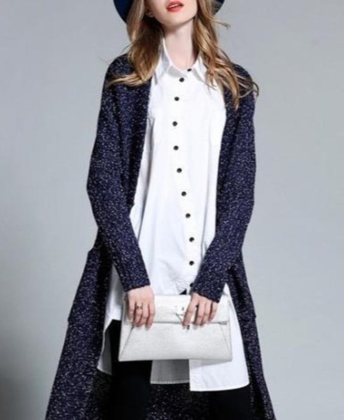Navy Cardigan for Women, Mid-Length Stylish Outerwear: dark navy blue, white long cardigan, minimal style