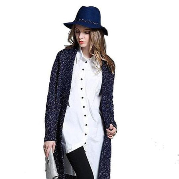 Navy Cardigan for Women, Mid-Length Stylish Outerwear: dark navy blue, white long cardigan, minimal style
