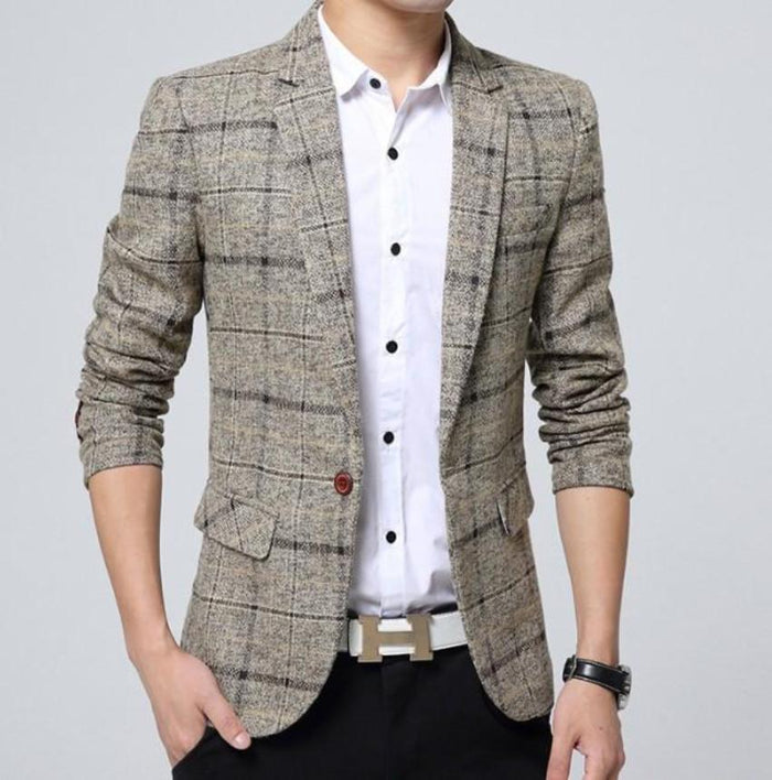 Navy Checkered Men's Sports Coat: dark navy, black men's blazer jacket worn over a button-up shirt, smart casual style